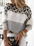 MQTIME  -  Leopard Color Block Round Neck Long Sleeve Sweater