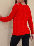 MQTIME  -   Cable-Knit V-Neck Cold Shoulder Sweater