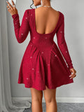 BaMQTIME  -  ckless Glitter Square Neck Long Sleeve Mini Dress