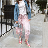 MQTIME  -  Casual Lace Patchwork Elastic Waist Trouser Women Chic High-waisted Lace-up Loose Wide-leg Ninth Pants Lady Street Trousers