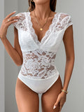 MQTIME  -  Perfee Lace Backless V-Neck Cap Sleeve Bodysuit