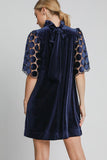 MQTIME  -  Dotted Lace Half Sleeve Mock Neck Back Tie Velvet Dress