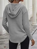 MQTIME  -  Drawstring Waffle Knit Long Sleeve Hooded Top