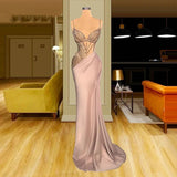 MQTIME  -  Arabic Spaghetti Neck Prom Dresses Mermaid Beading Crystal Long Satin Evening Party Gown Sleeveless Formal Evening Dress