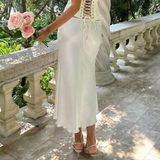 MQTIME  -  Retro Elegant Lace Patchwork Basic Satin Skirts Simple White Pure Desire Slim Down Fishtail Midi Skirt Female Clothing