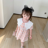 Mqtime New Summer Plaid Girls Princess Dress Peter Pan Collar Toddlers Kids Short Sleeve Clothes Children Dresses