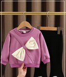 Mqtime Spring girl baby clothes kids outfit sets bow design pullover sweater flared pants suit for girl baby cloth 1 year birthday sets