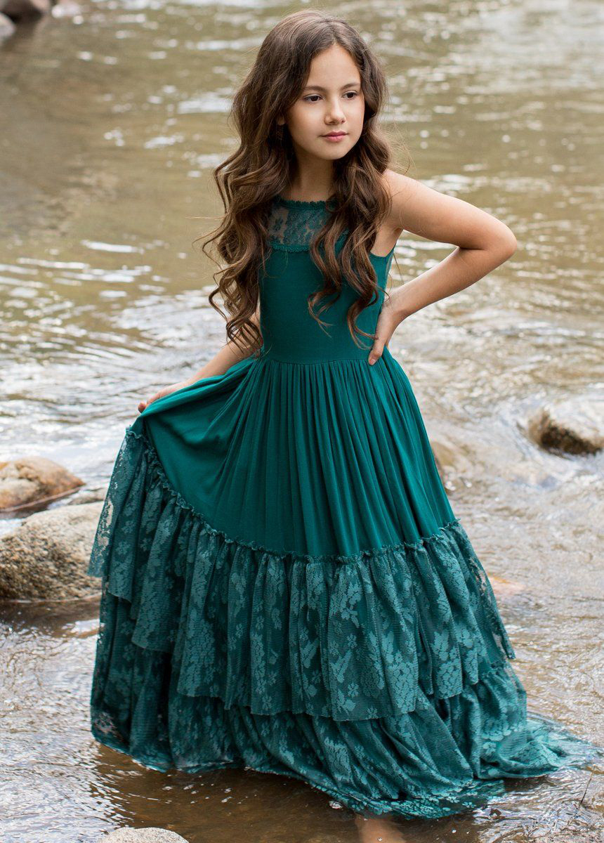 Mqtime Princess Girls Lace Chiffon Long Dresses Baby Kids Flower