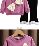 Mqtime Spring girl baby clothes kids outfit sets bow design pullover sweater flared pants suit for girl baby cloth 1 year birthday sets