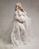 Mqtime Elegant Maternity Rose Floral Lace Dress For Photoshoot Photography Props Outfit Maxi Gown Pregnancy Babyshower Fotoshooting