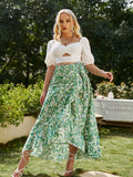 Mqtime Simplee Plus Ruffle floral green plus size women skirt summer Beach print lace up split long skirt 4XL casual female bottom 2023