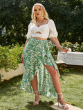 Mqtime Simplee Plus Ruffle floral green plus size women skirt summer Beach print lace up split long skirt 4XL casual female bottom 2023