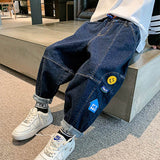 Mqtime New 4-14T Boy Jeans Dark Blue Denim Pants for Kids Trousers Teenage Clothing Elastic Waist Boy Cargo Pants Boy Jeans