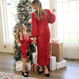 Mqtime Long Sleeve Family Mathing Mother And Daughter Dress Party Clothes Red Green Black Wedding Sequins Dresses For Mom Girl