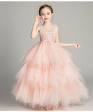 Elegant Sweet Long Beading Appliques Sleeveless Flower Girl Dress Kids Performance Show Party Birthday First Communion Gowns