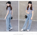 Mqtime Teenage Girls Jeans Spring Summer Casual Fashion Loose Blue Kids Leg Wide Pants School Children Trousers 6 8 10 12 Year