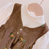 Girl Embroidered Flower Corduroy Strap Dresse Children New Korean Sleeveless Retro Vest Dress+T Shirt 2pcs Toddler Baby Clothing