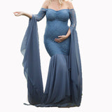 Mqtime Long Maternity Photography Props Women's Lace Stitching Pregnant Women's Long Sleeve Dress Flying Sleeve Dress  for Photo Shoot