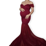 Mqtime Chiffon Pregnancy Gown Off Shoulder Dress For Pregnant Women Trailing Sweep Length Train Mist Due Date Memento Bump Photography