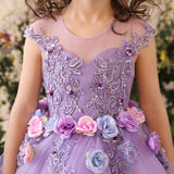 Mqtime Flower Girl Elegant Dress First Communion Dresses for Girls Children Purple Tulle Ball Gown Kids Pageant Wedding Clothes