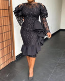 Mqtime Women Black Vintage Dress Lace Long Sleeve Bare Shoulder See Through Ruffle Patchwork Bodycon Dresses Party Fashion Female Robes
