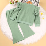 Mqtime Winter Fashion New Children Clothing Set For Girls Solid Color Ruffle Long-Sleeved Blouse Wide-Leg Trousers Two-Piece Suits