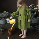 Girls' Retro Cotton And Linen Dress 2022 Autumn New Children's Korean Style Bow Long Sleeve Pocket Green Princess Dresses TZ44