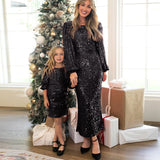 Mqtime Long Sleeve Family Mathing Mother And Daughter Dress Party Clothes Red Green Black Wedding Sequins Dresses For Mom Girl