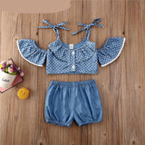 Mqtime Toddler Baby Girl Clothes Set Blue Dots Off Shoulder Top +Tied Skirts +Shorts 3PCS Suit Girl Clothes For 1to 5Y