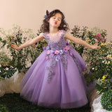 Mqtime Flower Girl Elegant Dress First Communion Dresses for Girls Children Purple Tulle Ball Gown Kids Pageant Wedding Clothes