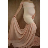 Mqtime Chiffon Pregnancy Gown Off Shoulder Dress For Pregnant Women Trailing Sweep Length Train Mist Due Date Memento Bump Photography