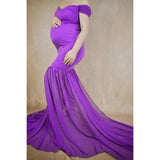 Mqtime Chiffon Pregnancy Gown Off Shoulder Dress For Pregnant Women Trailing Sweep Length Train Mist Due Date Memento Bump Photography