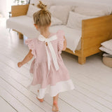 Mqtime  Girls Cotton And Linen Patchwork Dress Summer New Children's Baby Petal Sleeve Casual Sweet And Cute Pink Princess Dresses TZ006