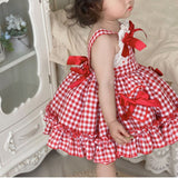 Mqtime New Fashion Hot Sale Red Plaid Dress Girl Dresses Princess Clothing Cute Bow Sleeveless Clothing Sweet Children Party Dress