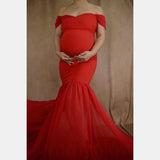 Mqtime Chiffon Pregnancy Gown Off Shoulder Dress For Pregnant Women Trailing Sweep Length Train Mist Due Date Memento Bump Photography