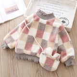 Mqtime Winter Warm Fleece Thickened Tops Fashion Korean Plaid Sweatshirt with Bag Christmas Little Girls Clothes Outfits