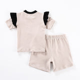 Mqtime 2pcs set baby clothes short  top and shorts children casual set ruffles button kids clothes contrast color fashion kids clothes
