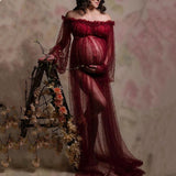 Mqtime Beading Pearls Tulle Maternity Photography Dress See Through Tulle Pearls Maternity Maxi Gown For Photo Shoot Free Size