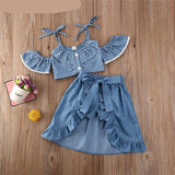 Mqtime Toddler Baby Girl Clothes Set Blue Dots Off Shoulder Top +Tied Skirts +Shorts 3PCS Suit Girl Clothes For 1to 5Y