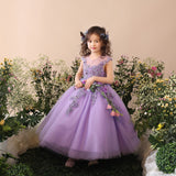 Mqtime Flower Girl Elegant Dress First Communion Dresses for Girls Children Purple Tulle Ball Gown Kids Pageant Wedding Clothes