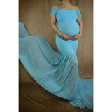 Mqtime Chiffon Pregnancy Gown Off Shoulder Dress For Pregnant Women Trailing Sweep Length Train Mist Due Date Memento Bump Photography