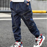 Mqtime New 3-14T Boy Jeans Dark Blue Denim Pants for Kids Trousers Teenage Clothing Elastic Waist Boy Cargo Pants Boy Jeans