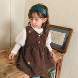 Girl Embroidered Flower Corduroy Strap Dresse Children New Korean Sleeveless Retro Vest Dress+T Shirt 2pcs Toddler Baby Clothing