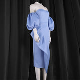 Mqtime Women Blue Dress Strapless Sexy Off Shoulder Pleated Ruffle Slim Bodycon Sleeveless Lantern Sleeves Evening Elegant Clothing