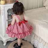 Mqtime New Fashion Hot Sale Red Plaid Dress Girl Dresses Princess Clothing Cute Bow Sleeveless Clothing Sweet Children Party Dress