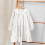 Mqtime  100% Cotton Girls Tiered Ruffle Dress Spring Autumn New Children Casual Loose Long-Sleeve White Sweet Princess Dresses TZ78