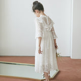 Mqtime Korean Girls Dress Princess Party Wedding Lace Embroidery Long Dress Elegant White Maxi Dresses for Teen Girl Children 5 6 8 10