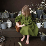 Girls' Retro Cotton And Linen Dress 2022 Autumn New Children's Korean Style Bow Long Sleeve Pocket Green Princess Dresses TZ44