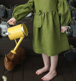 Girls' Retro Cotton And Linen Dress 2022 Autumn New Children's Korean Style Bow Long Sleeve Pocket Green Princess Dresses TZ44