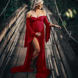 Mqtime Cotton Maternity Dresses for Photo Shoot Sexy Shouldless Ruffle Pregnant Dresses for Women Puff Sleeve Maxi Long Pregnancy Dress